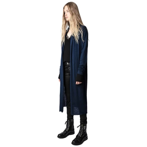 HP🎉 NWT ZADIG & VOLTAIRE Rona 100% Cashmere Long Cardigan Blue Belted Duster LG - Picture 6 of 14